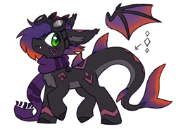 Size: 2000x1467 | Tagged: safe, artist:rivibaes, imported from derpibooru, oc, oc only, oc:raven stargazer, bat pony, hybrid, original species, pony, shark, shark pony, bat wings, body markings, chest fluff, clothes, coat markings, ear fluff, ear markings, ear tufts, facial markings, goggles, gradient mane, green eyes, horns, male, pale belly, scarf, simple background, solo, stallion, striped scarf, walking, white background, wings