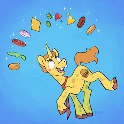 Size: 1800x1800 | Tagged: safe, artist:umbrellascribbles, imported from derpibooru, pony, unicorn, burger, cheese, food, onion, ponified, solo, spongebob squarepants, spongebob squarepants (character)