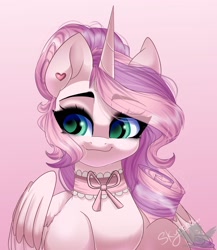 Size: 1781x2048 | Tagged: safe, artist:skyboundsiren, imported from derpibooru, oc, oc only, oc:saku, alicorn, pony, bow, choker, ear piercing, earring, eye clipping through hair, eyebrows, eyebrows visible through hair, heart, jewelry, piercing, smiling, solo