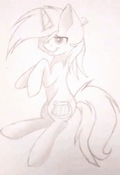 Size: 1349x1964 | Tagged: safe, artist:mynameislele, imported from derpibooru, lyra heartstrings, pony, unicorn, :p, monochrome, solo, tongue out, traditional art