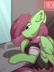 Size: 2059x2740 | Tagged: safe, artist:beardie, imported from derpibooru, oc, oc only, oc:watermelon success, pegasus, pony, clothes, ear fluff, freckles, lipstick, makeup, mirror, sink, solo