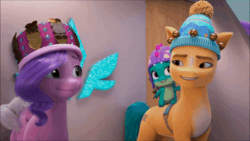 Size: 600x338 | Tagged: safe, imported from derpibooru, screencap, hitch trailblazer, pipp petals, dragon, earth pony, pegasus, pony, spoiler:g5, spoiler:winter wishday, animated, baby, female, floppy ears, g5, gif, hat, i watch it for the ears, male, mare, my little pony: make your mark, my little pony: make your mark chapter 3, smug, sparky sparkeroni, stallion, trio, winter hat, winter wishday
