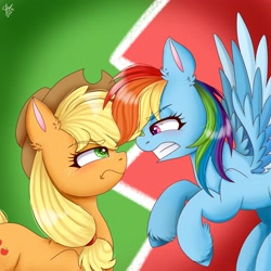 Size: 2650x2650 | Tagged: safe, artist:galaxy swirl, imported from derpibooru, applejack, rainbow dash, earth pony, pegasus, pony, appledash, duo, female, high res, lesbian, looking at each other, looking at someone, mare, shipping, signature, spread wings, wings