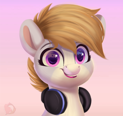 Size: 1800x1700 | Tagged: safe, artist:joaothejohn, imported from derpibooru, oc, oc only, oc:cookie malou, earth pony, pony, bust, cute, earth pony oc, fanart, headphones, looking at you, portrait, simple background, smiling, solo