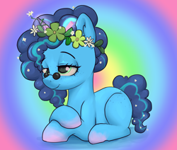Size: 2600x2200 | Tagged: safe, artist:dumbwoofer, imported from derpibooru, pony, unicorn, butt freckles, ear fluff, female, floral head wreath, flower, flower in hair, freckles, g5, happy, hippie, lying down, mare, misty brightdawn, ponyloaf, prone, rainbow background, relaxed, sitting, smiling, solo, sunglasses