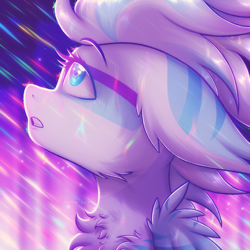 Size: 2500x2500 | Tagged: safe, artist:shad0w-galaxy, imported from derpibooru, oc, oc only, oc:glacier prism, pegasus, pony, body markings, bust, chest fluff, city, commission, ear fluff, female, fluffy, high res, looking up, mare, neon, portrait, rain, solo, ych result