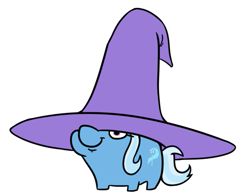 Size: 679x531 | Tagged: safe, artist:jargon scott, imported from derpibooru, trixie, pony, unicorn, clothes, derp, female, giant hat, hat, hat over one eye, mare, simple background, smiling, solo, squatpony, trixie's hat, white background, wizard hat