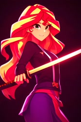 Size: 2048x3072 | Tagged: safe, editor:lerkyboy, imported from derpibooru, sunset shimmer, human, equestria girls, ai assisted, ai content, ai generated, female, generator:purplesmart.ai, generator:stable diffusion, geta, katana, looking at you, ninja, smiling, smiling at you, solo, sword, weapon
