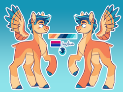 Size: 1280x952 | Tagged: safe, artist:glowfangs, imported from derpibooru, flash sentry, pegasus, pony, bisexual pride flag, colored hooves, colored wings, ear piercing, earring, jewelry, male, multicolored wings, piercing, pride, pride flag, redesign, reference sheet, scarred, solo, trans male, transgender, wings