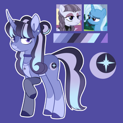 Size: 1280x1280 | Tagged: safe, artist:glowfangs, imported from derpibooru, oc, unnamed oc, pony, unicorn, adoptable, color palette, crack ship offspring, curved horn, cutie mark, horn, jewelry, necklace, offspring, parent:inky rose, parent:trixie, purple background, simple background, solo, unicorn oc