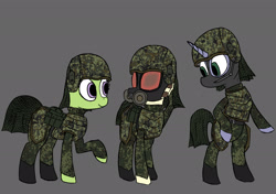 Size: 2048x1444 | Tagged: safe, artist:suryfromheaven, imported from derpibooru, pony, unicorn, balaclava, boots, camouflage, clothes, gas mask, helmet, mask, military, military pony, military uniform, shoes, smiling, trio, uniform