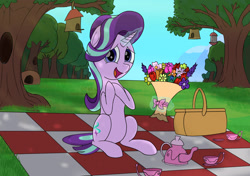 Size: 2048x1444 | Tagged: safe, artist:suryfromheaven, imported from derpibooru, starlight glimmer, pony, unicorn, basket, bird feeder, bird house, bouquet of flowers, cup, flower, forest, looking at you, magic, picnic, picnic basket, picnic blanket, sitting, smiling, smiling at you, solo, tea time, teacup, teapot, telekinesis, tree