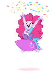 Size: 900x1200 | Tagged: safe, artist:selena marchetti, imported from derpibooru, pinkie pie, human, equestria girls, boots, clothes, confetti, eyes closed, female, g4, happy, humanized, jumping, open mouth, open smile, pony coloring, raised arms, shirt, shoes, simple background, skirt, smiling, solo, white background, wristband