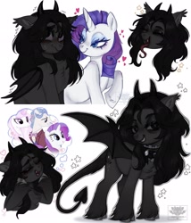 Size: 1755x2048 | Tagged: safe, artist:damon_ekel, imported from derpibooru, rarity, oc, unicorn, bat wings, canon x oc, chest fluff, choker, cloven hooves, devil tail, ear fluff, eyes closed, forked tongue, heart, horns, lidded eyes, looking at you, nervous, nervous sweat, simple background, smiling, tail, unshorn fetlocks, white background, wings