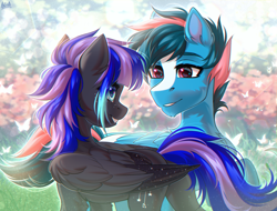 Size: 3296x2500 | Tagged: safe, artist:hakaina, imported from derpibooru, oc, oc only, oc:rainfall (zeepurplefox), butterfly, pegasus, pony, blaze (coat marking), blurry background, butt, chest fluff, chin fluff, coat markings, colored, commission, commissioner:zeepurplefox, dark coat, duo, ear fluff, facial markings, female, folded wings, freckles, grin, half body, height difference, hexagon, high res, leg fluff, looking at each other, looking at someone, male, mare, pegasus oc, plot, raised hoof, shading, signature, smiling, smiling at each other, stallion, standing, star freckles, starry wings, sternocleidomastoid, turned head, wings, ych result
