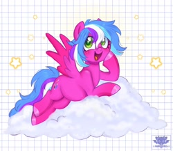 Size: 2048x1775 | Tagged: safe, artist:damon_ekel, imported from derpibooru, oc, oc only, pony, blushing, cloud, freckles, happy, lying down, lying on a cloud, on a cloud, open mouth, open smile, smiling, solo, spread wings, wings