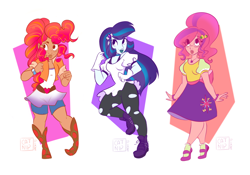 Size: 1280x894 | Tagged: safe, artist:selena marchetti, imported from derpibooru, human, equestria girls, boots, bracelet, clothes, freckles, fusion, fusion:applejack, fusion:fluttershy, fusion:pinkie pie, fusion:rainbow dash, fusion:rarity, fusion:twilight sparkle, g4, gloves, hairclip, humanized, jacket, jewelry, pants, pony coloring, shirt, shoes, shorts, signature, simple background, skirt, socks, trio, white background