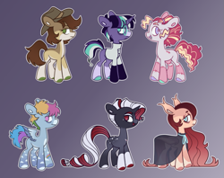 Size: 923x730 | Tagged: safe, artist:glowfangs, imported from derpibooru, applejack, fluttershy, pinkie pie, rainbow dash, rarity, twilight sparkle, bat pony, demon, demon pony, earth pony, pegasus, pony, undead, unicorn, vampire, vampony, werewolf, alternate color palette, alternate design, alternate universe, alternate versions at source, base used, cloak, clothes, cowboy hat, frankenpony, gloves, gradient background, hat, lab coat, latex, latex gloves, mad scientist, mane six, possessed, stitches, stubble