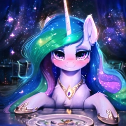 Size: 2560x2560 | Tagged: safe, imported from derpibooru, princess celestia, alicorn, pony, abstract background, ai content, ai generated, blushing, chest fluff, cute, cutelestia, female, food, generator:novelai, generator:stable diffusion, high res, horn, indoors, jewelry, lidded eyes, looking at you, mare, prompter:endless--, regalia, restaurant, sitting, smiling, smiling at you, solo, table