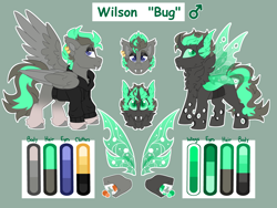 Size: 8000x6000 | Tagged: safe, artist:crazysketch101, imported from derpibooru, oc, oc:wilson "bug", changeling, pegasus, pony, clothes, ear piercing, earring, fangs, green changeling, hoodie, jewelry, mawshot, open mouth, piercing, reference sheet