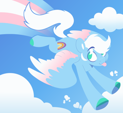 Size: 1280x1181 | Tagged: safe, artist:glowfangs, imported from derpibooru, prism glider, pegasus, pony, :p, cloud, colored hooves, colored wings, eyebrows, eyebrows visible through hair, flying, lgbt, no pupils, pride, pride flag, sky, solo, tongue out, transgender, transgender pride flag, wings
