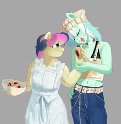 Size: 1724x1769 | Tagged: safe, artist:aztrial, imported from derpibooru, bon bon, lyra heartstrings, sweetie drops, anthro, earth pony, unicorn, adorabon, beanie, belly button, belt, bowl, bra, bra strap, chains, clothes, cute, denim, dress, duo, ear piercing, earring, eyes closed, female, food, gray background, grin, hat, jeans, jewelry, lesbian, lyrabetes, lyrabon, midriff, missing horn, open mouth, pants, piercing, shipping, simple background, smiling, tanktop, underwear