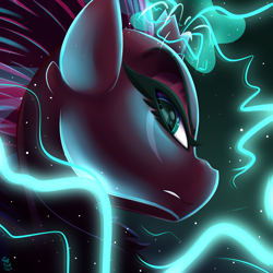 Size: 1500x1500 | Tagged: safe, artist:starcasteclipse, imported from derpibooru, tempest shadow, pony, unicorn, broken horn, bust, close-up, electricity, eye scar, facial scar, horn, looking back, magic, portrait, scar, solo