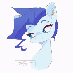 Size: 2048x2048 | Tagged: safe, artist:mindlessnik, imported from derpibooru, oc, oc only, pony, bust, ear piercing, earring, female, jewelry, lidded eyes, mare, piercing, ponysona, signature, simple background, smiling, solo, white background