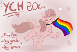 Size: 1500x1000 | Tagged: safe, artist:euspuche, imported from derpibooru, alicorn, earth pony, pegasus, unicorn, animated, commission, dancing, eyes closed, flag, gif, pride, pride flag, pride month, proud, smiling, text, walking, waving, your character here