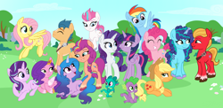 Size: 4096x2007 | Tagged: safe, artist:sjart117, imported from derpibooru, applejack, fluttershy, hitch trailblazer, izzy moonbow, pinkie pie, pipp petals, rainbow dash, rarity, spike, sprout cloverleaf, starlight glimmer, sunny starscout, twilight sparkle, zipp storm, alicorn, butterfly, dragon, earth pony, pegasus, pony, unicorn, accessory, alternate new mane six (g5), applejack's hat, ask the mane 11, background, badge, bush, cloud, colored, cowboy hat, crown, deputy, female, flower, flutterhitch, g4, g5, grass, hat, hidden, hooves, horn, izzyscout, jewelry, lesbian, male, mane five (g5), mane six, mare, misty brightdawn, mistyclover, morning, nature, new mane six (g5), officer, outdoors, park, permission given, princess, regalia, royalty, sheriff, shipping, sky, sparky sparkeroni, stallion, straight, tail, the end, tree, twilight sparkle (alicorn), wings