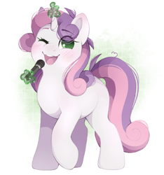 Size: 1826x1952 | Tagged: safe, artist:adostume, edit, imported from twibooru, sweetie belle, pony, unicorn, blushing, chubby, curly hair, cute, cutie mark removal, ear blush, eyebrows, female, filly, high res, horn, image, long hair, long mane, magic, microphone, one eye closed, open mouth, png, raised hoof, simple background, singing, solo, solo female, standing, watermark removal, wink