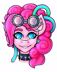 Size: 3243x4096 | Tagged: safe, artist:elusivepurple, imported from derpibooru, pinkie pie, earth pony, choker, cyberpunk, ear piercing, earring, goggles, goggles on head, jewelry, looking at you, piercing, simple background, smiling, solo, spiked choker, white background