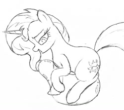 Size: 1586x1416 | Tagged: safe, artist:mizhisha, imported from derpibooru, sunset shimmer, pony, unicorn, balloon, balloon fetish, balloon riding, bedroom eyes, black and white, female, fetish, grayscale, mare, monochrome, open mouth, simple background, sketch, solo, that pony sure does love balloons, white background