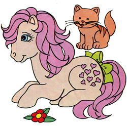 Size: 311x310 | Tagged: safe, imported from derpibooru, peachy, twinkles, cat, earth pony, pony, bow, cute, flower, g1, g1betes, lying down, peachybetes, pink mane, simple background, solo, tail, tail bow, transparent background