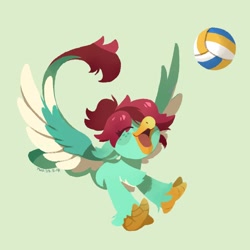 Size: 1288x1288 | Tagged: safe, artist:drtuo4, imported from derpibooru, oc, oc only, oc:hahli kailani, hippogriff, ball, eyes closed, green background, happy, open mouth, open smile, simple background, smiling, solo, sports, spread wings, volleyball, wings