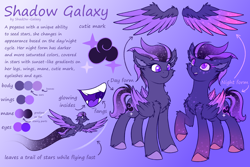 Size: 4500x3000 | Tagged: safe, artist:shad0w-galaxy, imported from derpibooru, oc, oc only, oc:shadow galaxy, pegasus, pony, alternate design, chest fluff, colored wings, cute, ear fluff, ethereal mane, fangs, female, flight trail, floating wings, flying, folded wings, gradient background, gradient hooves, gradient mane, gradient tail, gradient wings, high res, hooves, mare, multeity, multicolored hair, open mouth, purple eyes, purple insides, raised hoof, reference sheet, remastered, smiling, solo, speed trail, spread wings, starry eyes, starry mane, starry wings, tail, text, unshorn fetlocks, wingding eyes, wings