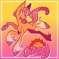 Size: 768x768 | Tagged: safe, artist:glorioustragedykid, imported from derpibooru, sunny starscout, earth pony, pony, abstract background, bounding, braid, braided ponytail, colored, concave belly, female, frame, g5, gradient background, hoof fluff, mare, one eye closed, open mouth, ponytail, sharp teeth, signature, solo, stylized, teeth, thin, unshorn fetlocks, wink