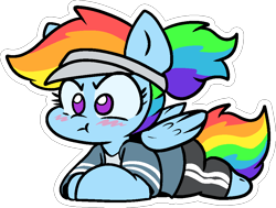 Size: 1004x758 | Tagged: safe, artist:zutcha, imported from derpibooru, rainbow dash, pegasus, pony, :t, alternate hairstyle, blushing, cute, dashabetes, female, lying down, mare, outline, ponytail, prone, simple background, solo, sploot, transparent background, visor cap, white outline
