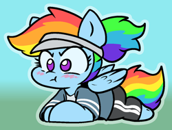 Size: 1050x800 | Tagged: safe, alternate version, artist:zutcha, imported from derpibooru, rainbow dash, pegasus, pony, :t, alternate hairstyle, blushing, cute, dashabetes, female, gradient background, lying down, mare, outline, ponytail, prone, solo, sploot, visor cap