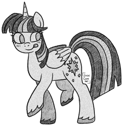 Size: 1365x1389 | Tagged: safe, artist:queertrixie, imported from derpibooru, twilight sparkle, alicorn, pony, female, grayscale, mare, monochrome, palindrome get, simple background, solo, tongue out, twilight sparkle (alicorn), white background