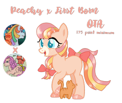 Size: 1806x1529 | Tagged: safe, artist:vernorexia, imported from derpibooru, twinkles, oc, cat, earth pony, pony, adoptable, adoptable open, bangs, base used, bow, colored hooves, food, g1, g4, hair bow, hairclip, hairpin, magical lesbian spawn, multicolored mane, offspring, parent:first born, parent:peachy, parents:peachyborn, peach, simple background, solo focus, tail, tail bow, transparent background