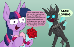 Size: 2508x1596 | Tagged: safe, artist:moonatik, imported from derpibooru, twilight sparkle, changeling, pony, unicorn, abstract background, angry, bouquet of flowers, box of chocolates, changeling domination, confused, dialogue, duo, female, flower, gradient background, heart, male, mare, meme, mp40, ponified meme, rose, speech bubble, unicorn twilight, wings