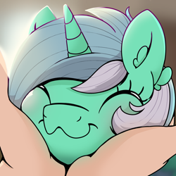 Size: 1000x1000 | Tagged: safe, artist:candy meow, imported from derpibooru, lyra heartstrings, human, pony, unicorn, :3, ^^, cute, daaaaaaaaaaaw, duo, ear fluff, eyes closed, female, hand, holding head, lyrabetes, mare, squishy cheeks, that pony sure does love hands