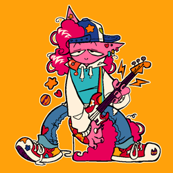 Size: 768x768 | Tagged: safe, artist:glorioustragedykid, imported from derpibooru, pinkie pie, anthro, earth pony, plantigrade anthro, :p, backwards ballcap, baseball cap, cap, clothes, denim, ear piercing, electric guitar, guitar, hat, hoodie, jeans, musical instrument, pants, piercing, simple background, solo, tongue out, tongue piercing, yellow background