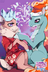 Size: 4000x6000 | Tagged: safe, artist:stercore_murum, imported from derpibooru, deer, dragon, hybrid, longma, reindeer, art pack:hooves n' holidays, them's fightin' herds, clothes, community related, dress, duo, female, mane of fire, tail, tail of fire, tianhuo (tfh), velvet (tfh)