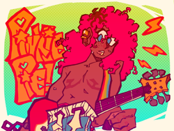 Size: 1024x768 | Tagged: safe, artist:glorioustragedykid, imported from derpibooru, pinkie pie, human, blue eyes, clothes, dark skin, ear piercing, electric guitar, freckles, gradient background, guitar, guitar pick, humanized, lip piercing, male, musical instrument, painted nails, pants, partial nudity, piercing, pink hair, scar, solo, surgery scar, sweat, sweatdrops, sweatpants, top scars, topless, trans male, transgender