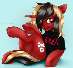 Size: 2000x1875 | Tagged: safe, artist:deadoyster, imported from derpibooru, pony, unicorn, all time low, butt, clothes, commission, dyed mane, dyed tail, featureless crotch, horn, jack barakat, light blue background, male, plot, ponified, shirt, signature, simple background, sitting, smiling, solo, stallion, t-shirt, tail, underhoof, ych result