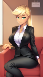 Size: 864x1536 | Tagged: safe, editor:sammykun, imported from derpibooru, applejack, human, ai content, ai generated, big breasts, breasts, business, business suit, busty applejack, chair, clothes, female, generator:novelai, generator:stable diffusion, humanized, long sleeves, looking at you, prompter:sammykun, shirt, sitting, solo, suit, white shirt