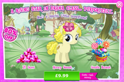 Size: 1962x1301 | Tagged: safe, idw, imported from derpibooru, honey sweet, pony, unicorn, advertisement, basket, candy, costs real money, english, female, filly, foal, food, gameloft, gem, horn, idw showified, lollipop, mobile game, my little pony: magic princess, numbers, official, sale, solo, text