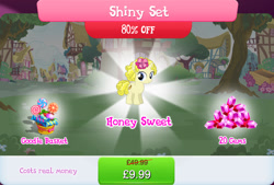 Size: 1266x856 | Tagged: safe, idw, imported from derpibooru, honey sweet, pony, unicorn, basket, bundle, candy, costs real money, english, female, filly, foal, food, gameloft, gem, horn, idw showified, lollipop, male, mobile game, my little pony: magic princess, numbers, official, sale, solo, text